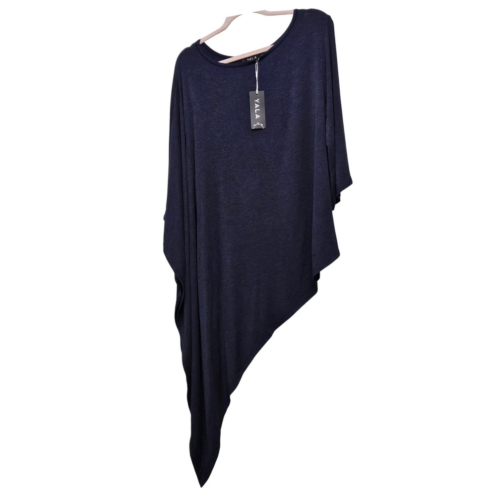 Yala NWT Women's L XL Navy Blue Bamboo Asymmetrical Tunic One Arm Poncho ‎ Top